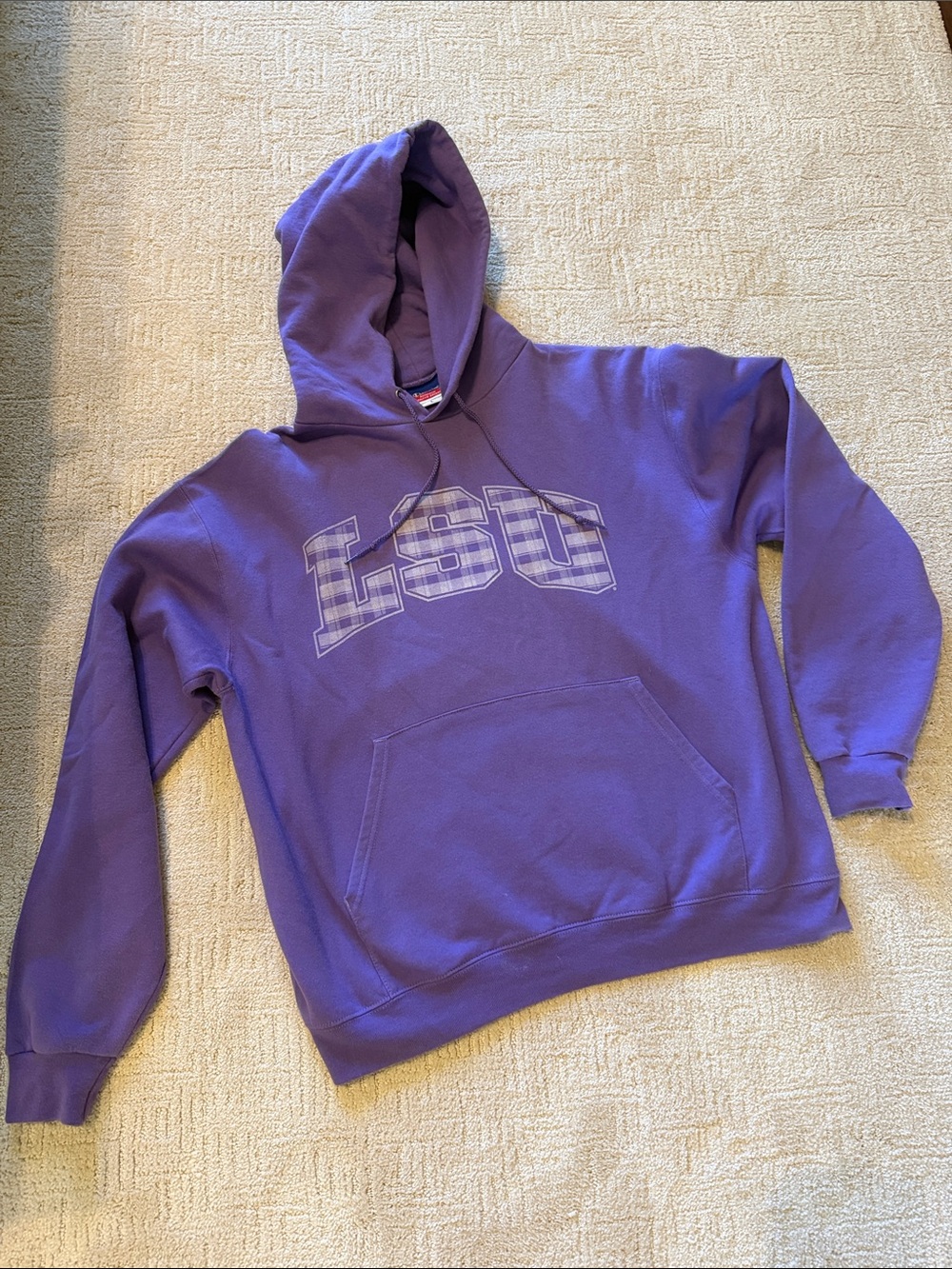 Purple LSU Plaid Logo Hoodie - Sweatshirt size large